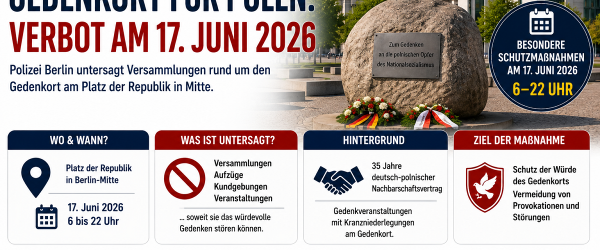 Gedenkort für Polen in Berlin-Mitte: Polizei untersagt Versammlungen am 17. Juni 2026 von 6 bis 22 Uhr