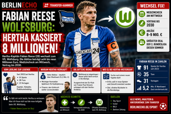 Fabian Reese Wolfsburg: Hertha-Kapitän wechselt zum VfL Wolfsburg für rund 8 bis 9 Millionen Euro