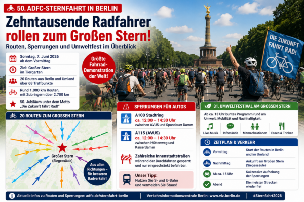 ADFC-Sternfahrt Berlin 2026 mit Radfahrern am Großen Stern, Routen, Sperrungen und Umweltfestival