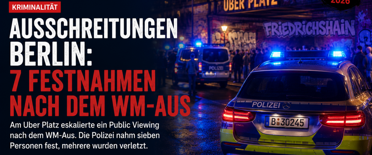 Polizeieinsatz mit Blaulicht am Uber Platz in Berlin-Friedrichshain nach Ausschreitungen beim Public Viewing