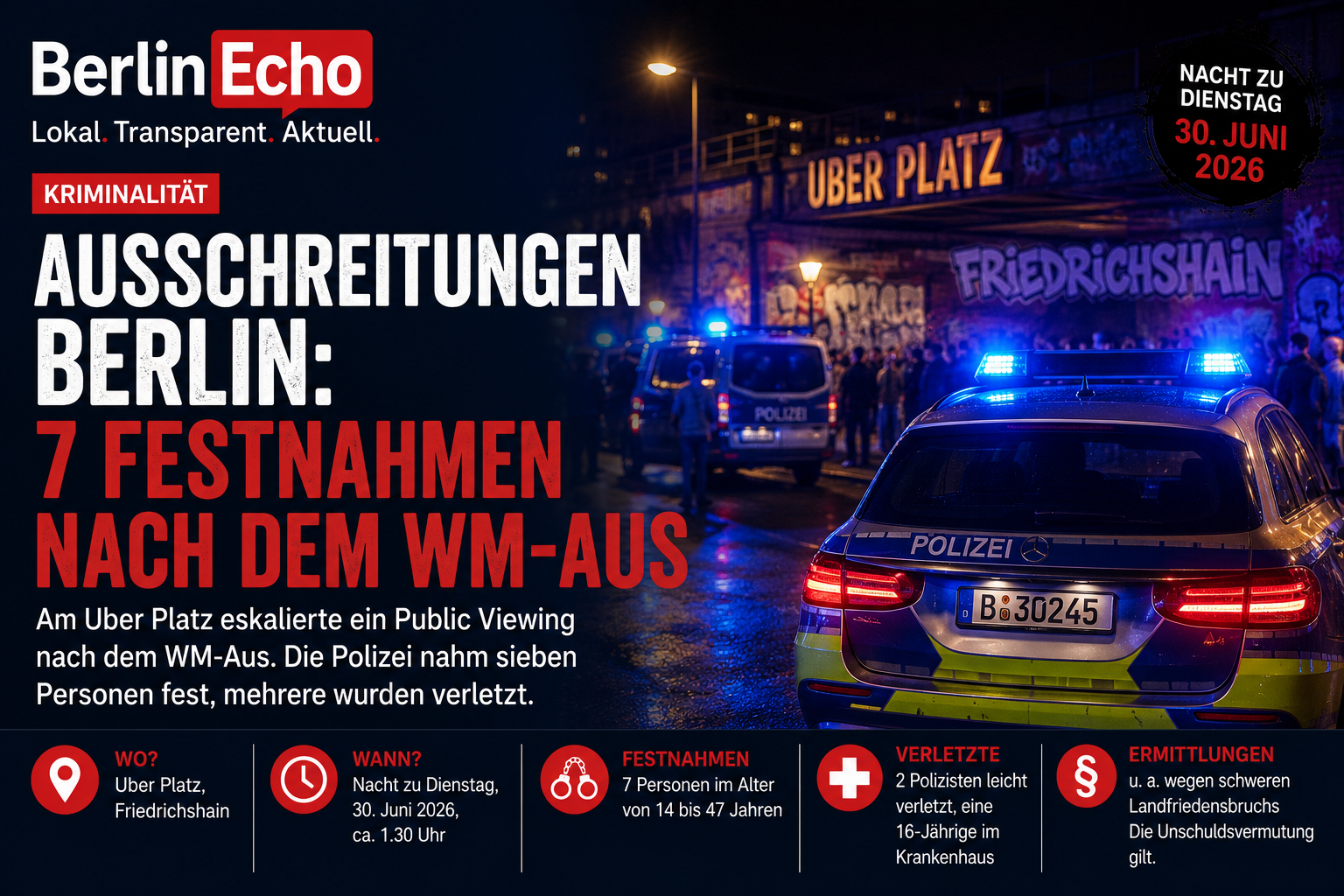 Polizeieinsatz mit Blaulicht am Uber Platz in Berlin-Friedrichshain nach Ausschreitungen beim Public Viewing