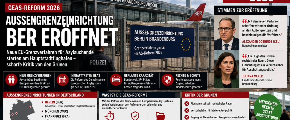 Außengrenzeinrichtung BER am Flughafen Berlin Brandenburg mit GEAS-Reform, Grenzverfahren und Kritik der Grünen