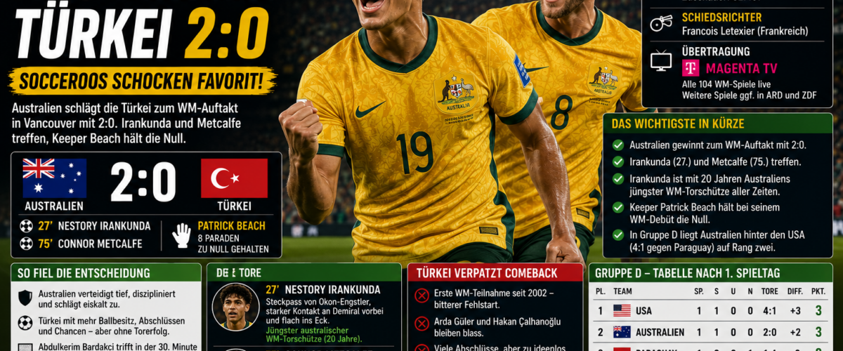 Australien Türkei Ergebnis WM 2026: Socceroos gewinnen 2:0 gegen die Türkei in Vancouver