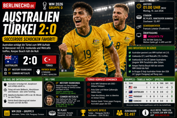Australien Türkei Ergebnis WM 2026: Socceroos gewinnen 2:0 gegen die Türkei in Vancouver