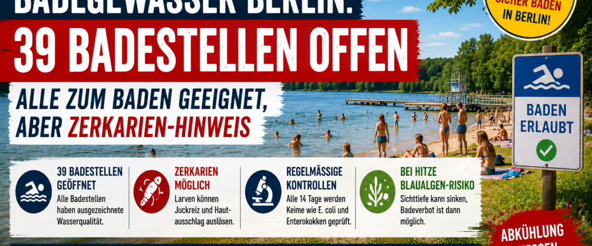 Badegewässer Berlin mit 39 geöffneten Badestellen und Zerkarien-Hinweis an Berliner Seen