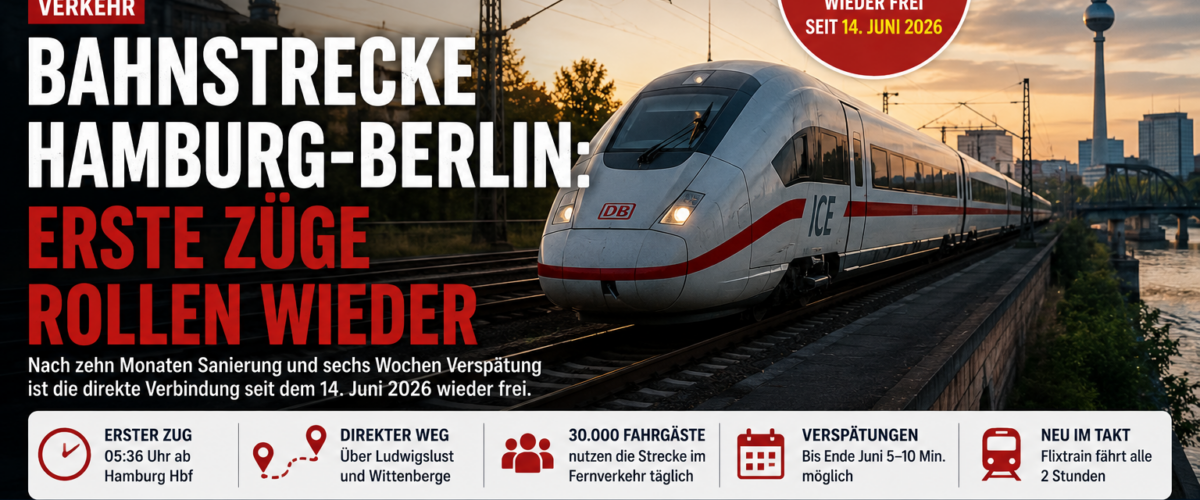 Titelbild zur Bahnstrecke Hamburg-Berlin mit ICE auf den Gleisen, Berliner Skyline und Hinweis auf die Wiederfreigabe seit 14. Juni 2026