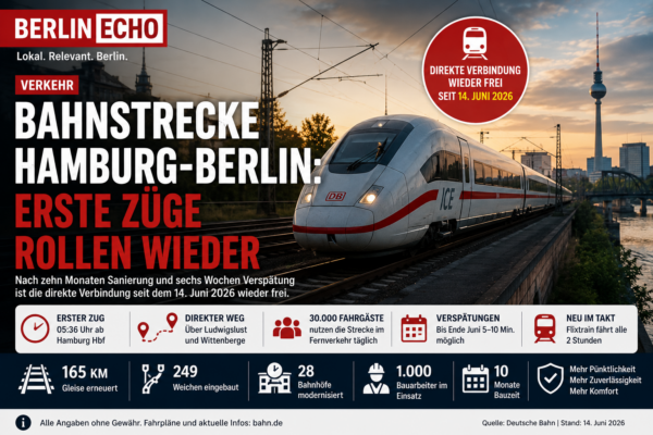 Titelbild zur Bahnstrecke Hamburg-Berlin mit ICE auf den Gleisen, Berliner Skyline und Hinweis auf die Wiederfreigabe seit 14. Juni 2026