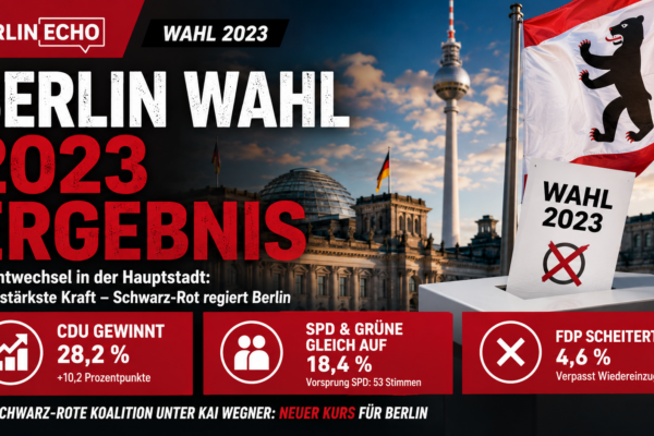 Berlin Wahl 2023 Ergebnis mit Wahlurne, Berlin-Flagge und politischen Kennzahlen zur CDU als stärkster Kraft