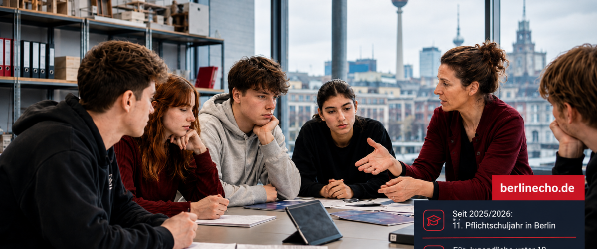 Jugendliche im Berliner Klassenzimmer beim 11. Pflichtschuljahr mit BerlinEcho-Faktenbox
