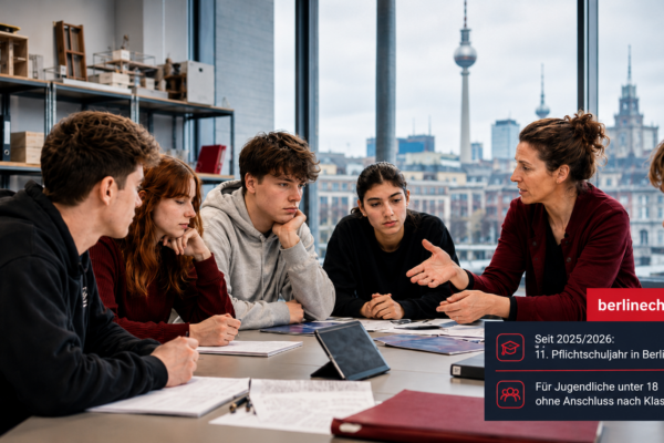 Jugendliche im Berliner Klassenzimmer beim 11. Pflichtschuljahr mit BerlinEcho-Faktenbox