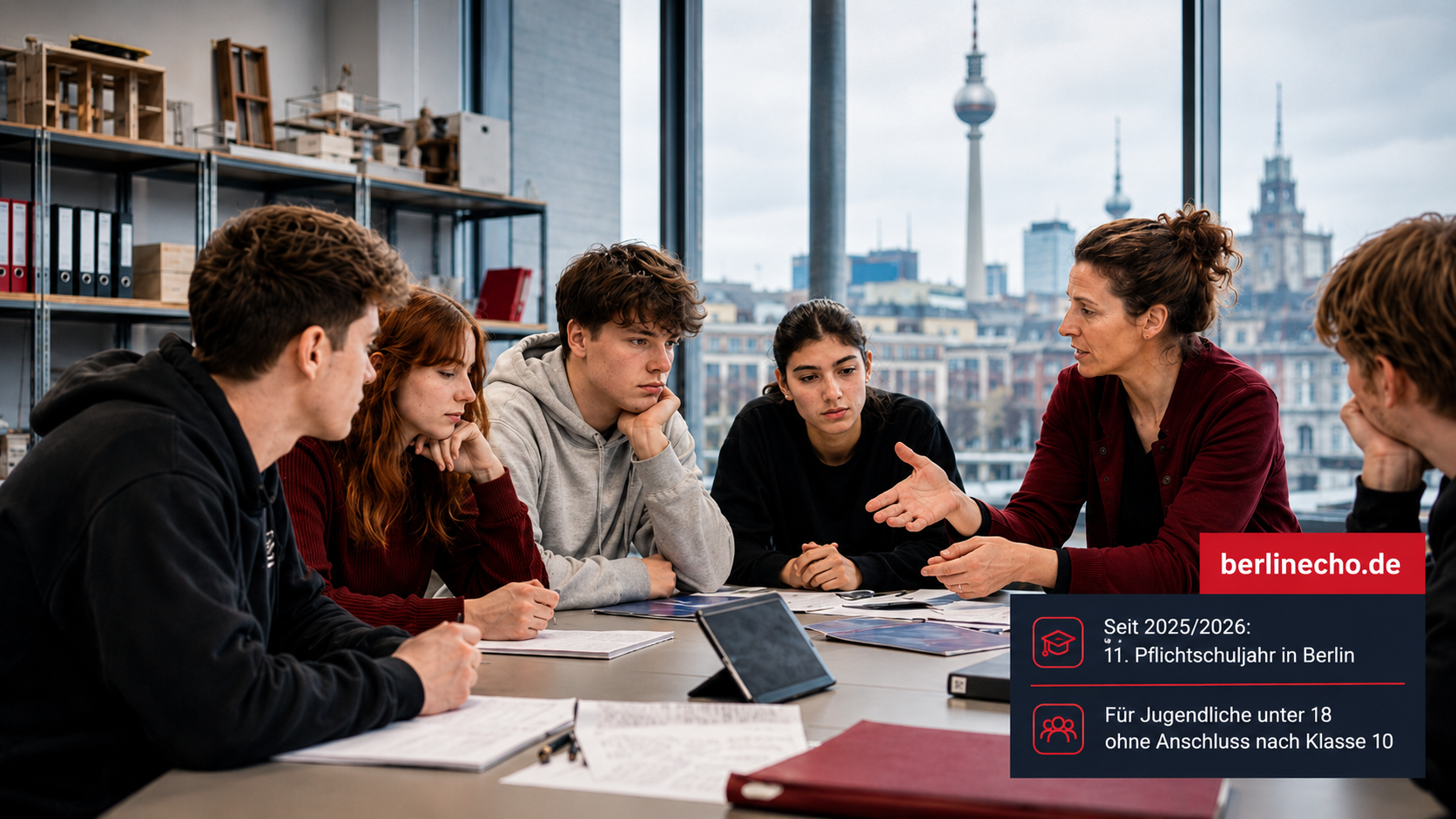 Jugendliche im Berliner Klassenzimmer beim 11. Pflichtschuljahr mit BerlinEcho-Faktenbox