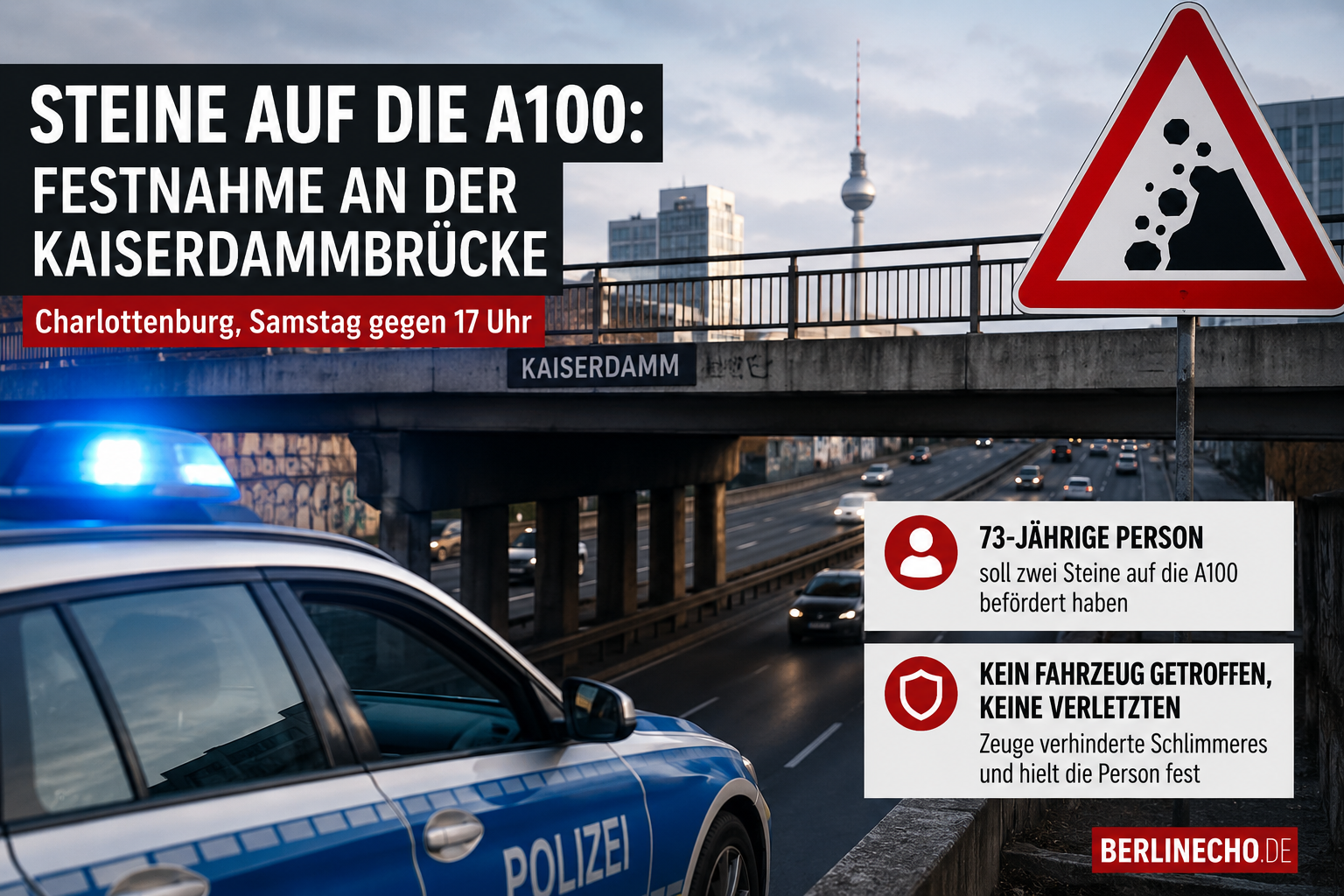 Polizeieinsatz an der Kaiserdammbrücke nach Steinen auf die A100 in Berlin