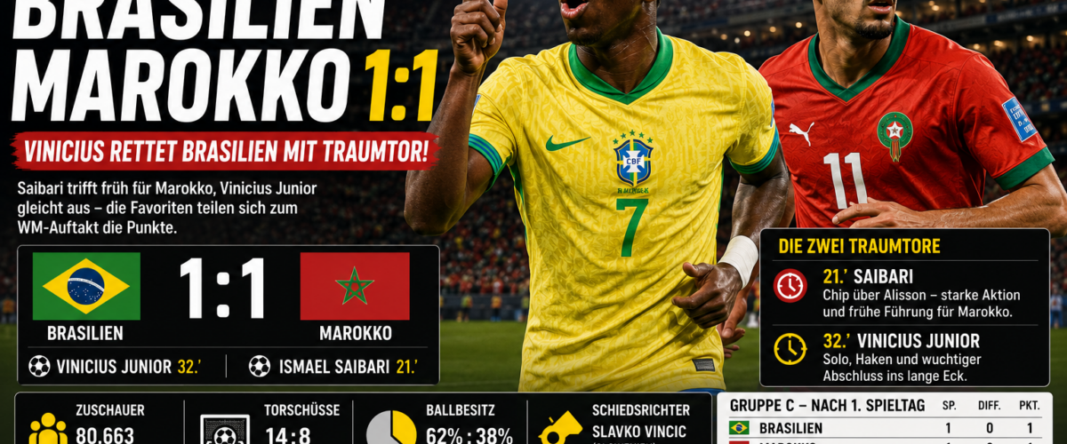 Brasilien gegen Marokko WM 2026: Vinicius Junior rettet Brasilien beim 1:1 zum Auftakt