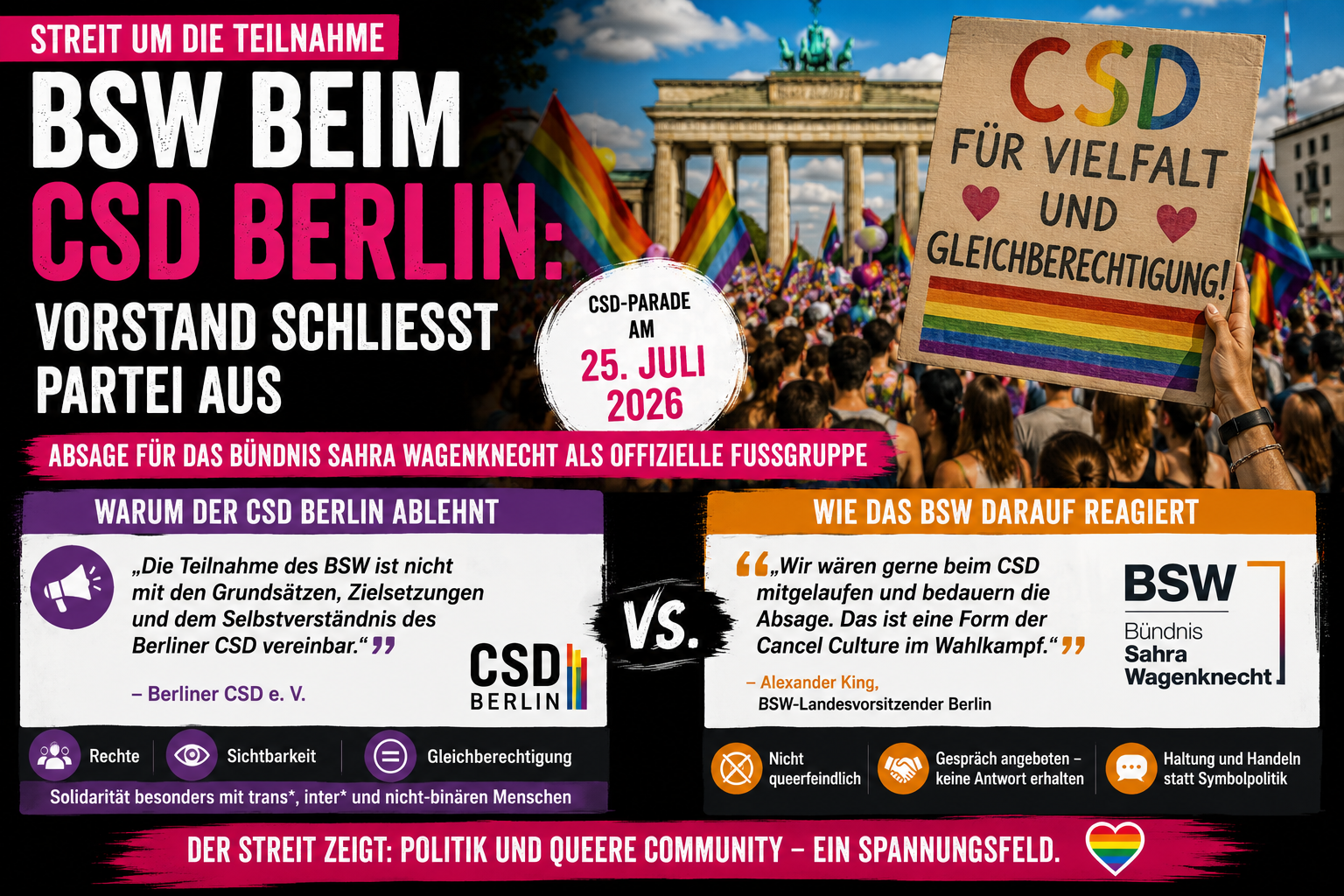 BSW beim CSD Berlin: Symbolbild mit CSD-Parade, Regenbogenfahnen, Brandenburger Tor und politischem Streit um die Teilnahme