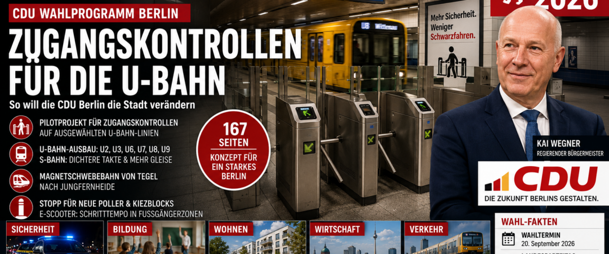 CDU Wahlprogramm Berlin mit geplanten Zugangskontrollen an U-Bahnhöfen und Kai Wegner vor Berliner U-Bahn-Szene