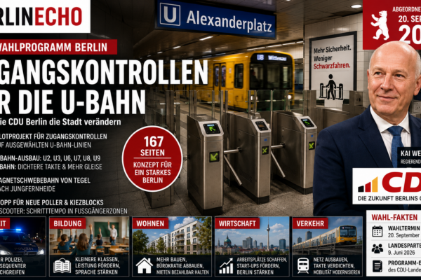 CDU Wahlprogramm Berlin mit geplanten Zugangskontrollen an U-Bahnhöfen und Kai Wegner vor Berliner U-Bahn-Szene