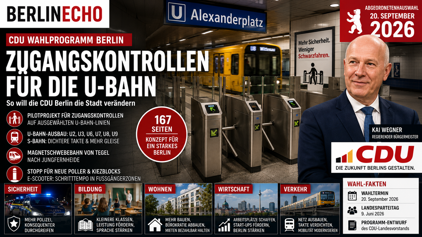 CDU Wahlprogramm Berlin mit geplanten Zugangskontrollen an U-Bahnhöfen und Kai Wegner vor Berliner U-Bahn-Szene