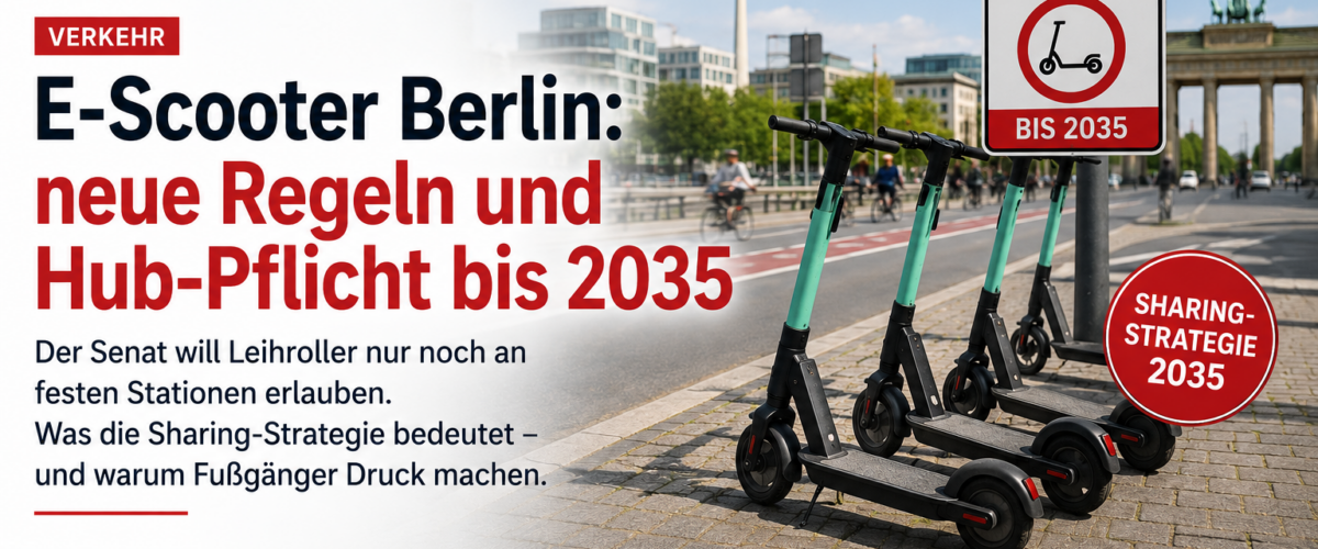 E-Scooter in Berlin an einer festen Station mit Hinweis auf neue Regeln und Hub-Pflicht bis 2035