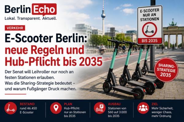 E-Scooter in Berlin an einer festen Station mit Hinweis auf neue Regeln und Hub-Pflicht bis 2035
