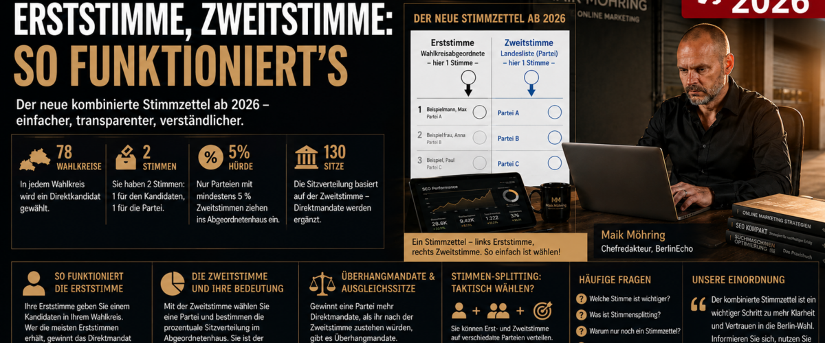 Erststimme Zweitstimme Berlin Wahl 2026 mit kombiniertem Stimmzettel, Wahlurne und Rotem Rathaus