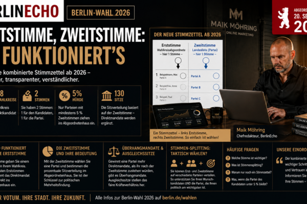 Erststimme Zweitstimme Berlin Wahl 2026 mit kombiniertem Stimmzettel, Wahlurne und Rotem Rathaus
