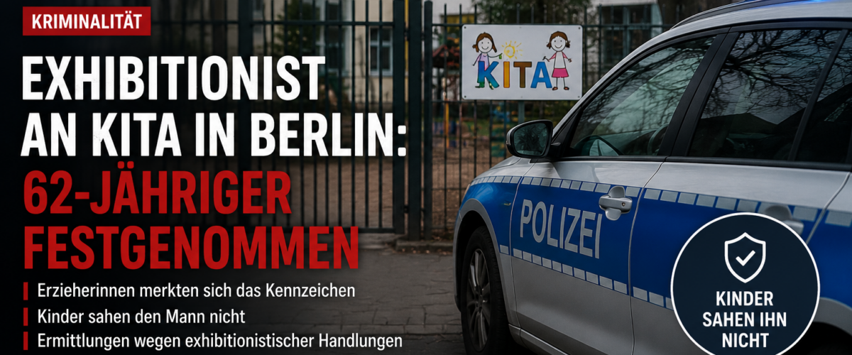 Titelbild zum Fall Exhibitionist Kita Berlin mit Polizeiwagen vor einer Kita, Absperrsituation und Hinweis auf die Festnahme eines 62-Jährigen