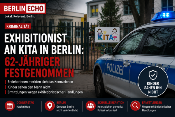 Titelbild zum Fall Exhibitionist Kita Berlin mit Polizeiwagen vor einer Kita, Absperrsituation und Hinweis auf die Festnahme eines 62-Jährigen