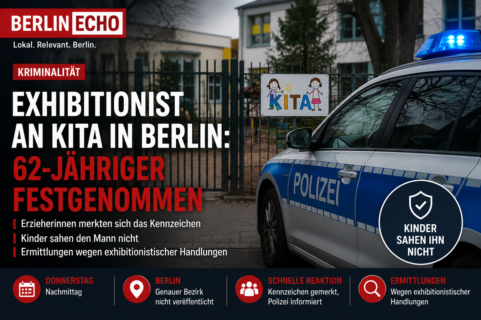 Titelbild zum Fall Exhibitionist Kita Berlin mit Polizeiwagen vor einer Kita, Absperrsituation und Hinweis auf die Festnahme eines 62-Jährigen