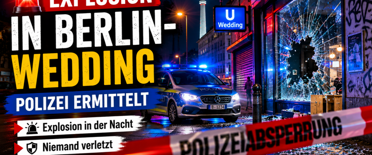 Explosion in Berlin-Wedding: Polizeiwagen mit Blaulicht vor beschädigtem Geschäft und abgesperrtem Tatort