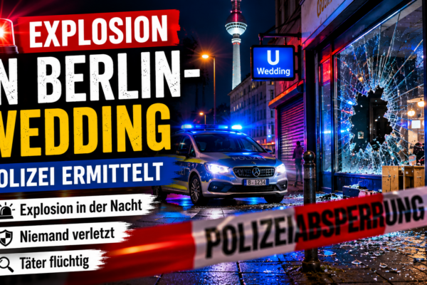 Explosion in Berlin-Wedding: Polizeiwagen mit Blaulicht vor beschädigtem Geschäft und abgesperrtem Tatort
