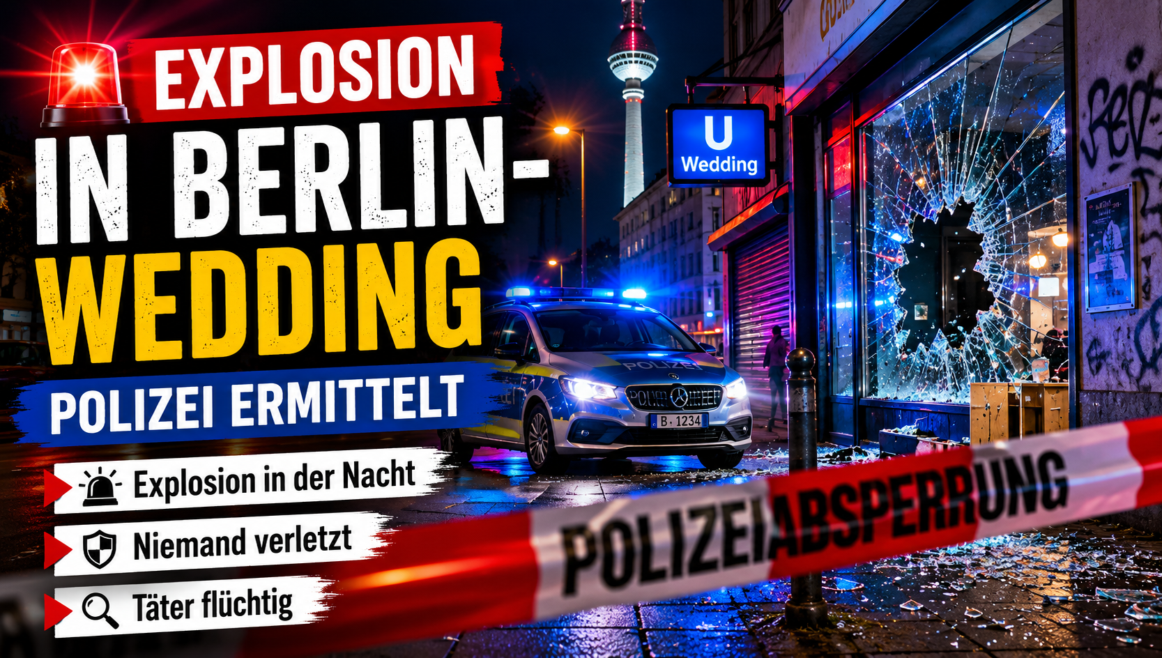 Explosion in Berlin-Wedding: Polizeiwagen mit Blaulicht vor beschädigtem Geschäft und abgesperrtem Tatort