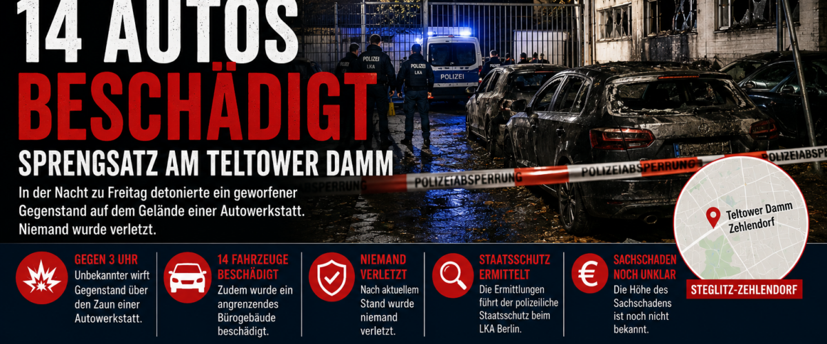 Explosion Zehlendorf mit beschädigten Autos auf einem Werkstattgelände am Teltower Damm