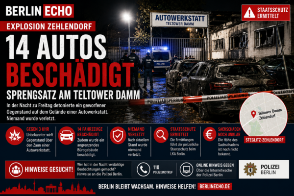 Explosion Zehlendorf mit beschädigten Autos auf einem Werkstattgelände am Teltower Damm