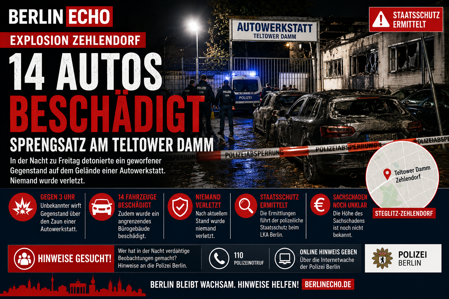 Explosion Zehlendorf mit beschädigten Autos auf einem Werkstattgelände am Teltower Damm