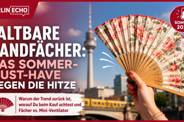 Faltbarer Handfächer als Sommer-Must-have gegen Hitze in Berlin mit Fernsehturm im Hintergrund