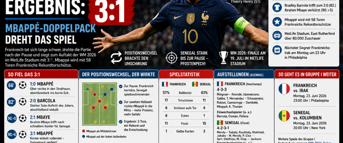 Frankreich Senegal Ergebnis bei der WM 2026: Mbappé trifft doppelt beim 3:1-Sieg Frankreichs