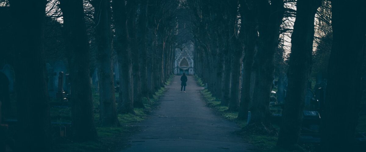 Eine herbstliche Allee auf einem Friedhof in Marzahn, gesäumt von alten Grabsteinen und buntem Laub, als Symbol für Ruhe und Gedenken.