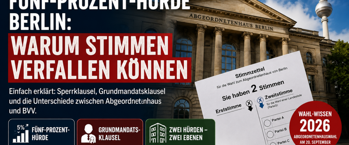 Fünf-Prozent-Hürde Berlin erklärt mit Stimmzettel, Wahlurne und Abgeordnetenhaus Berlin