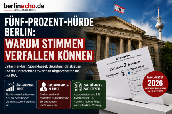 Fünf-Prozent-Hürde Berlin erklärt mit Stimmzettel, Wahlurne und Abgeordnetenhaus Berlin