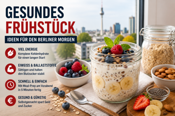 Titelbild zu gesundem Frühstück mit Haferflocken, Joghurt, Beeren und frischen Zutaten für einen schnellen Start in den Berliner Morgen
