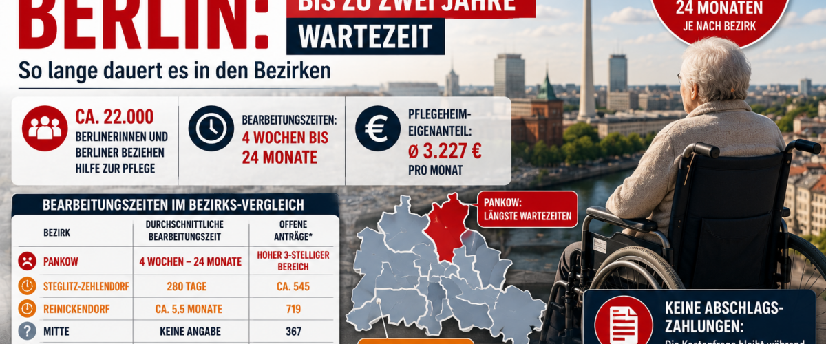 Hilfe zur Pflege Berlin mit Seniorin im Rollstuhl vor Berliner Skyline, Wartezeiten der Sozialämter und Bezirksvergleich