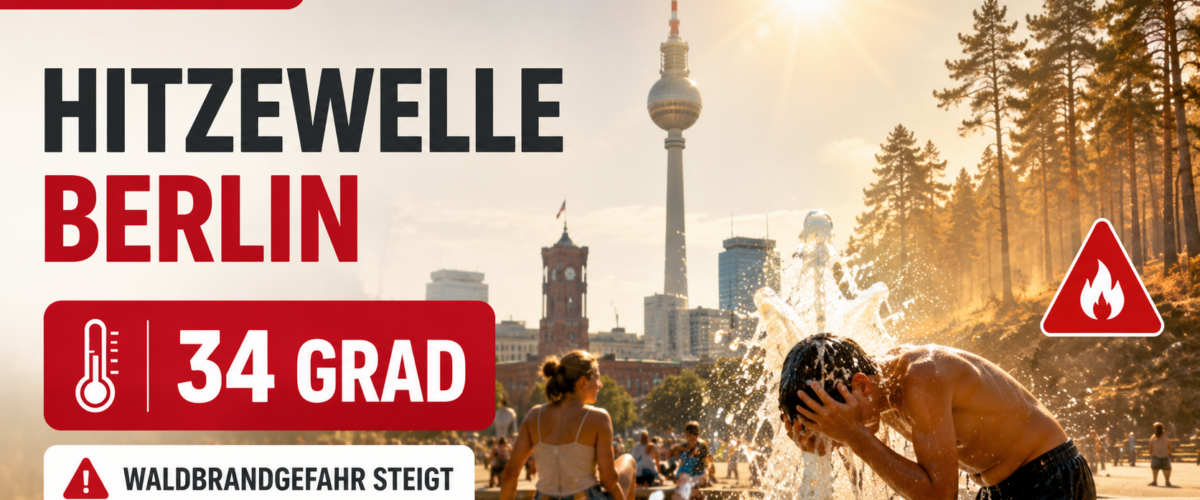 Hitzewelle Berlin mit 34 Grad, Menschen kühlen sich am Brunnen ab und Waldbrandgefahr steigt