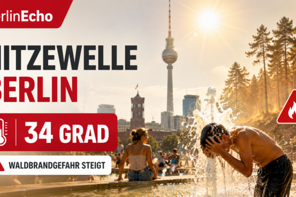 Hitzewelle Berlin mit 34 Grad, Menschen kühlen sich am Brunnen ab und Waldbrandgefahr steigt