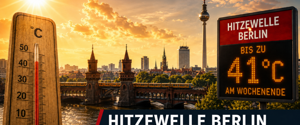 Hitzewelle Berlin mit Thermometer, Fernsehturm und Warnanzeige bis zu 41 Grad am Wochenende