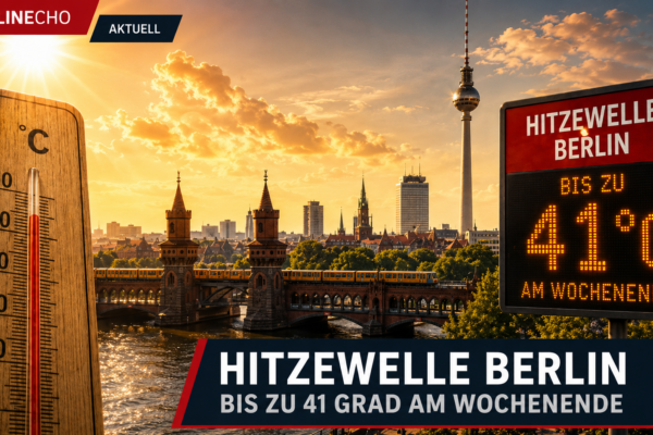 Hitzewelle Berlin mit Thermometer, Fernsehturm und Warnanzeige bis zu 41 Grad am Wochenende