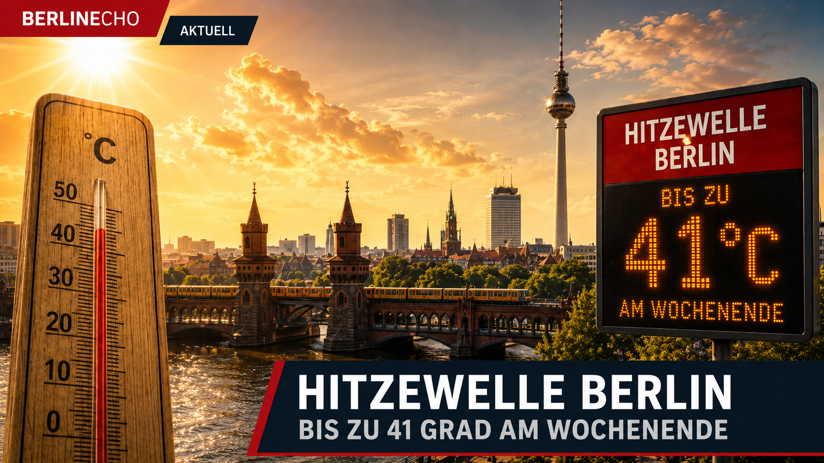 Hitzewelle Berlin mit Thermometer, Fernsehturm und Warnanzeige bis zu 41 Grad am Wochenende