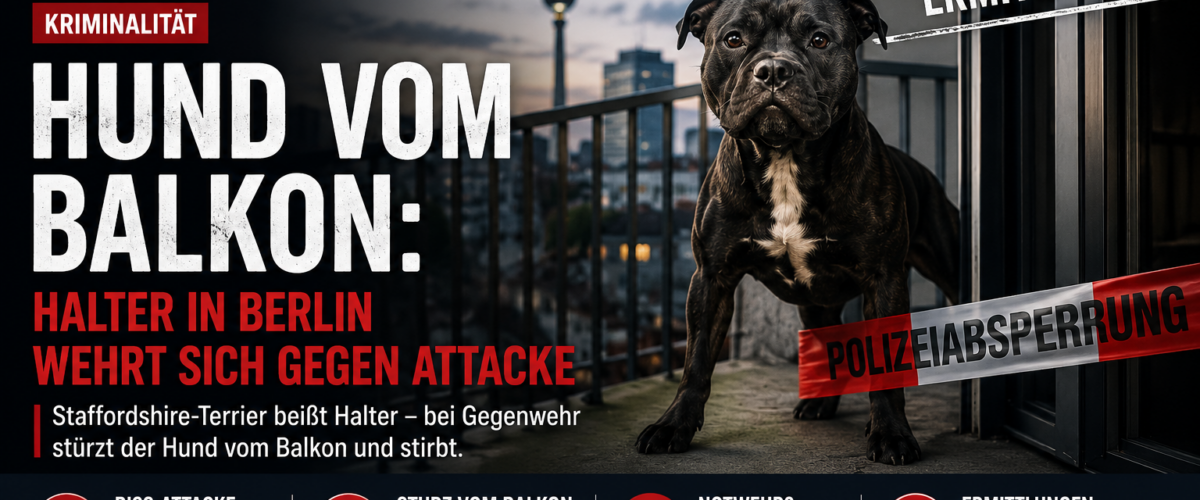 Titelbild zum Fall Hund vom Balkon in Berlin mit Staffordshire-Terrier, Balkon, Polizeiabsperrung und Hinweis auf Ermittlungen