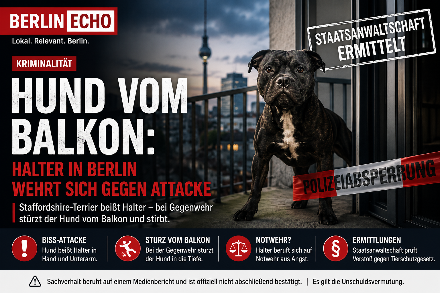 Titelbild zum Fall Hund vom Balkon in Berlin mit Staffordshire-Terrier, Balkon, Polizeiabsperrung und Hinweis auf Ermittlungen