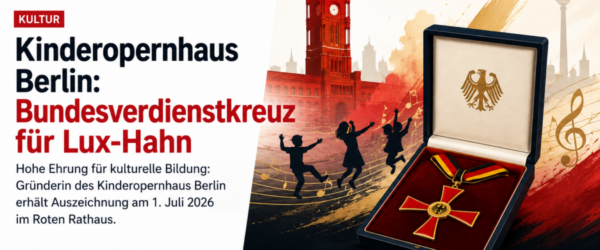 Illustration zum Kinderopernhaus Berlin mit Bundesverdienstkreuz, Rotem Rathaus und musikalischen Elementen