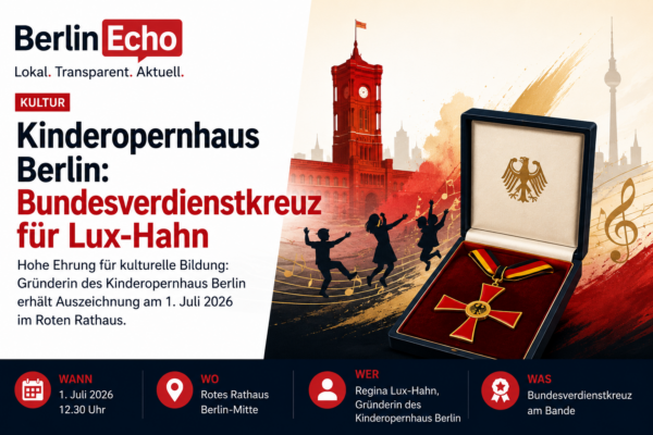 Illustration zum Kinderopernhaus Berlin mit Bundesverdienstkreuz, Rotem Rathaus und musikalischen Elementen